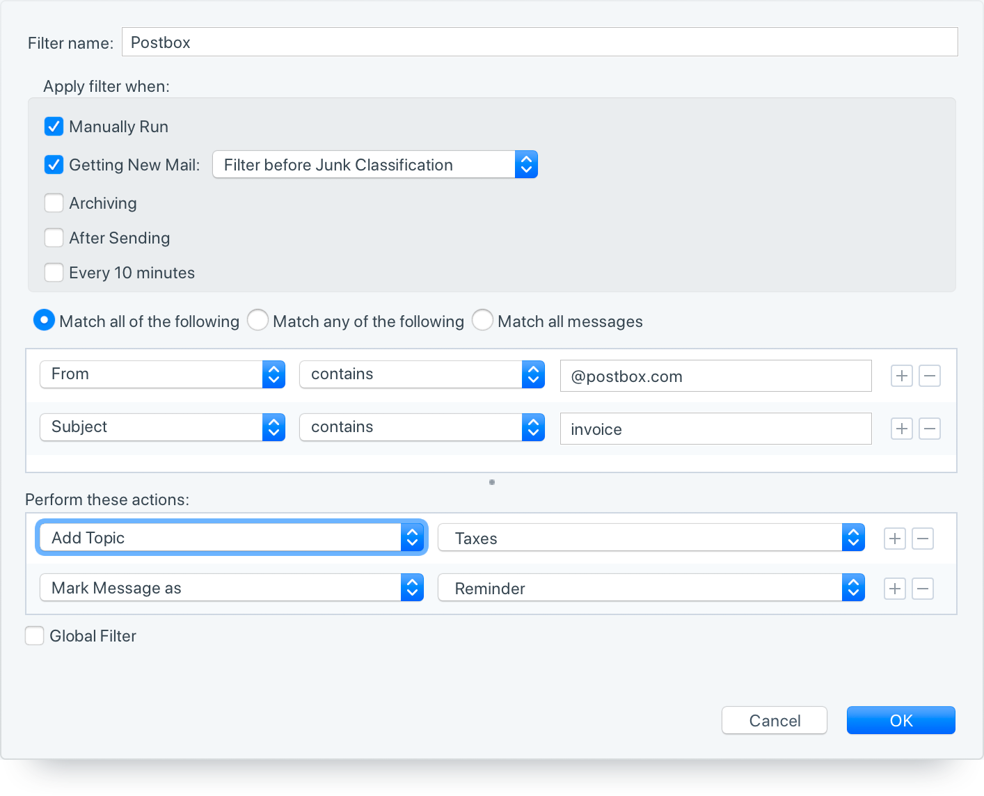 Postbox Filters Panel